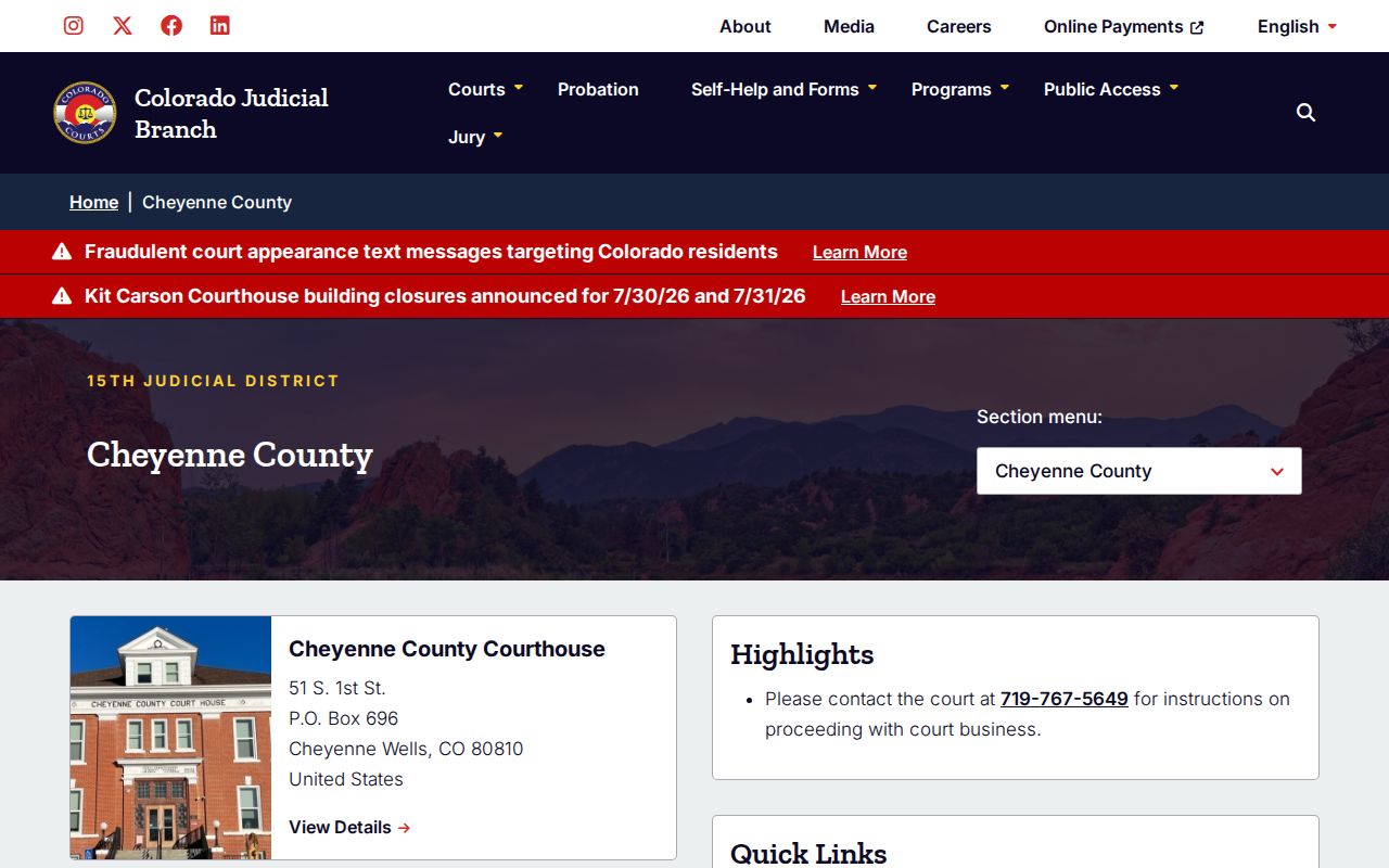 Cheyenne County Colorado court page for 24-hour release verification