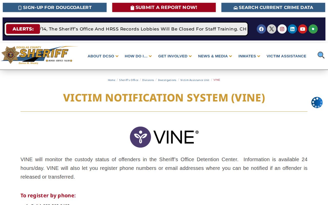 Cheyenne County VINELink release alert registration workflow